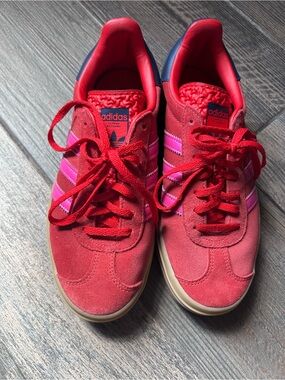 adidas Red Suede Sneakers with Pink Stripes and Gum Sole